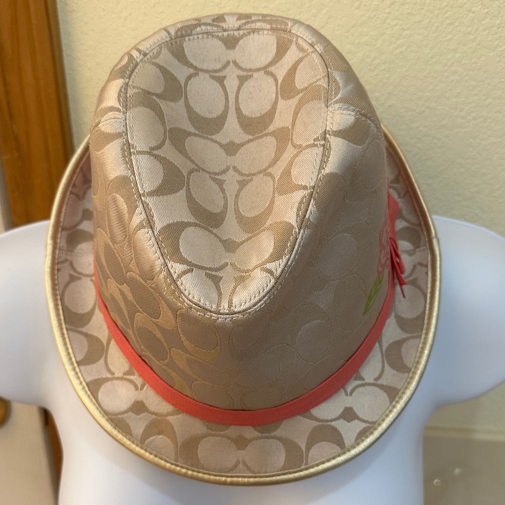 Coach Tan Hat with Floral Embroidery and Red Ribbon - Picture 2 of 4